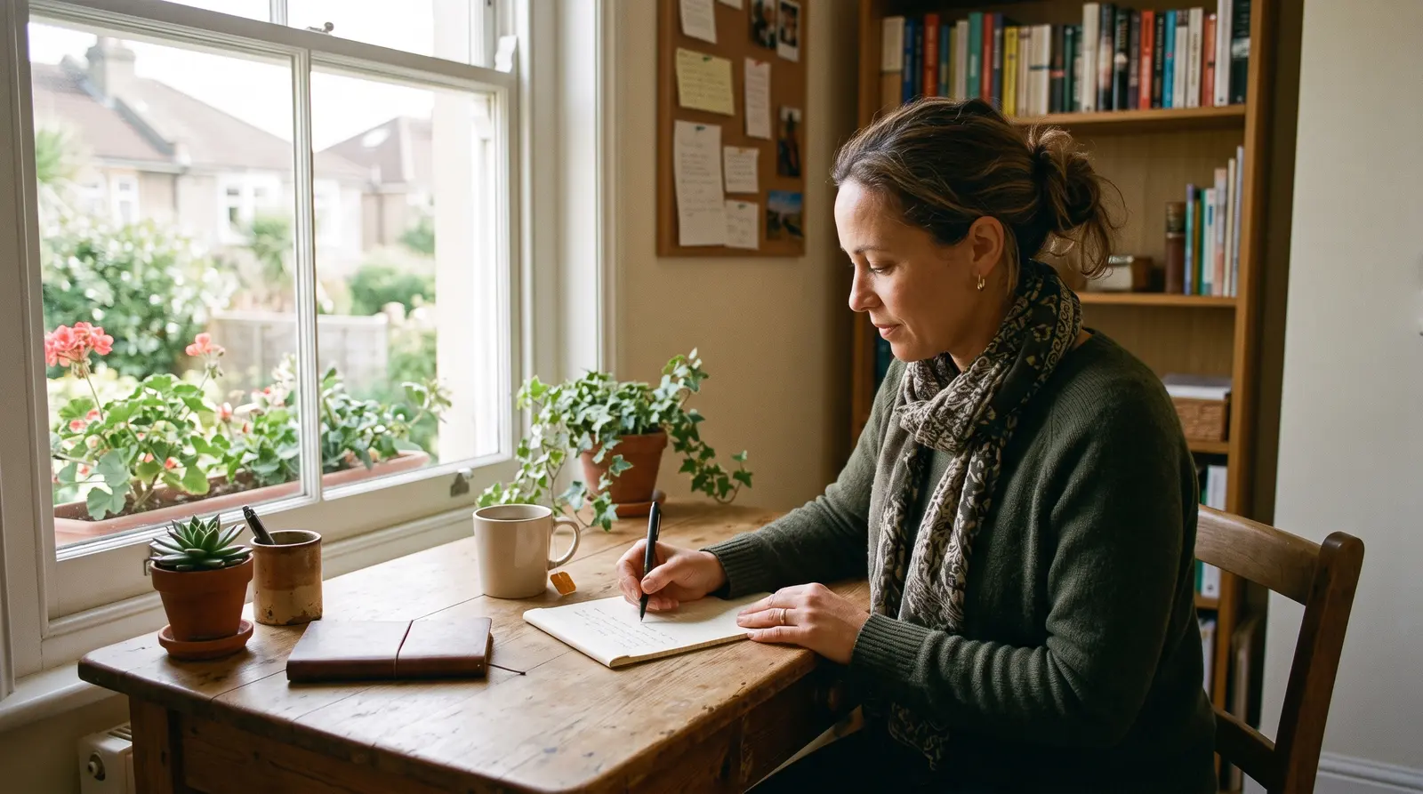 A life coach at a desk in the evening planning the week with a cup of tea, screen angled away