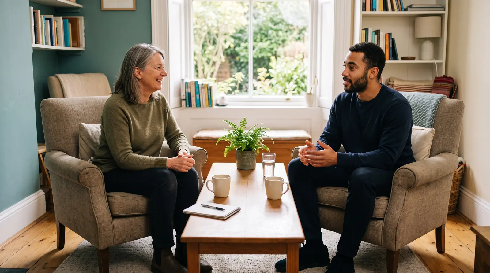 A life coach welcoming a new client for a first chat over tea in a calm, bright room
