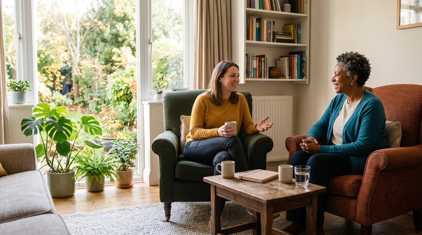 A life coach and a client talking in comfortable chairs in a calm, bright room, both at ease