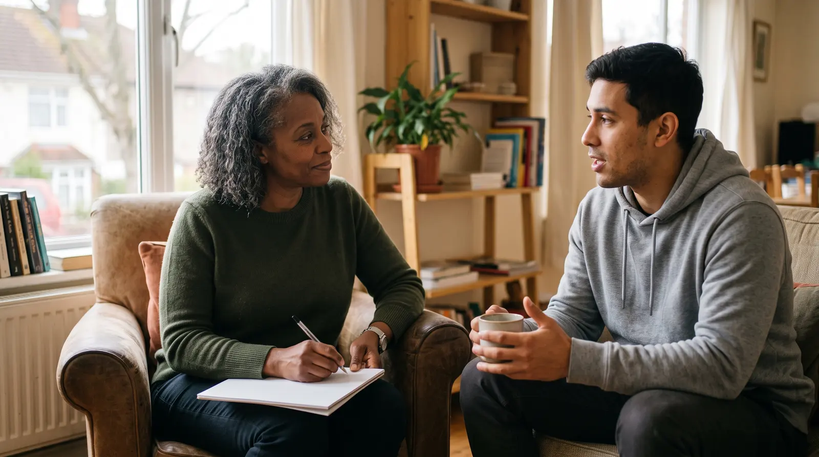 A life coach and a client in conversation in two armchairs in a sunlit room