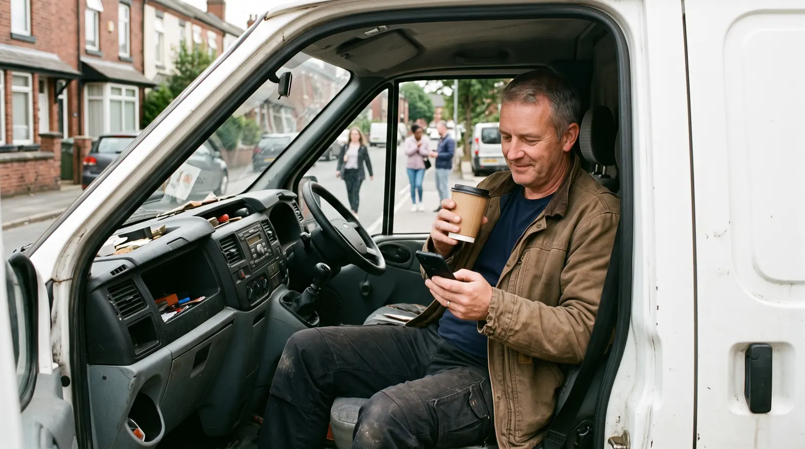 A locksmith in his van between jobs checking his phone with a coffee, screen not visible