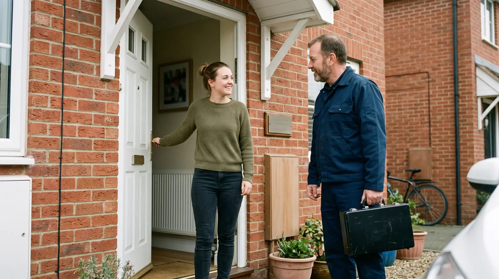A locksmith arriving at a front door with a tool case for a booked appointment