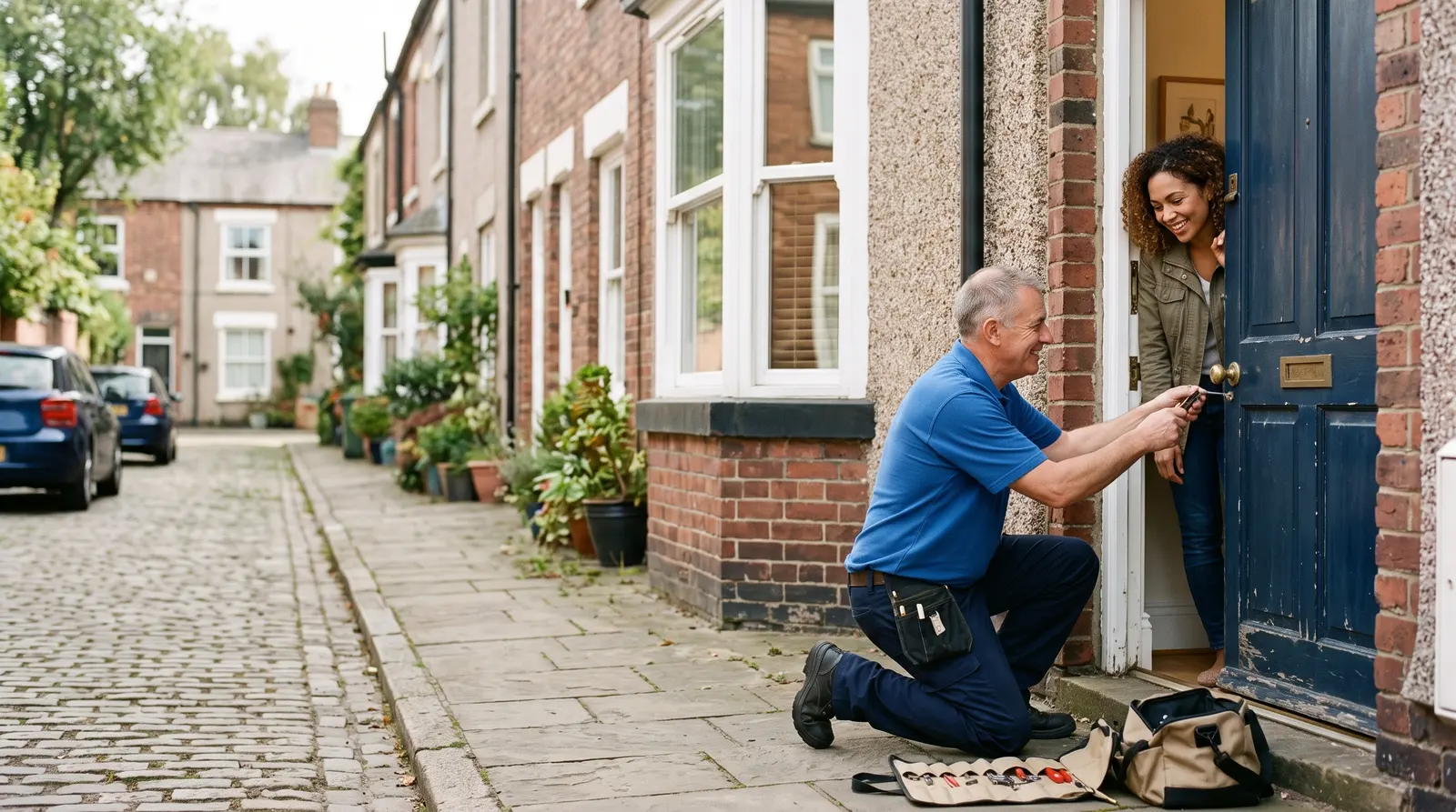 A locksmith fitting a new cylinder lock to a UK front door at a booked visit, calm and unhurried