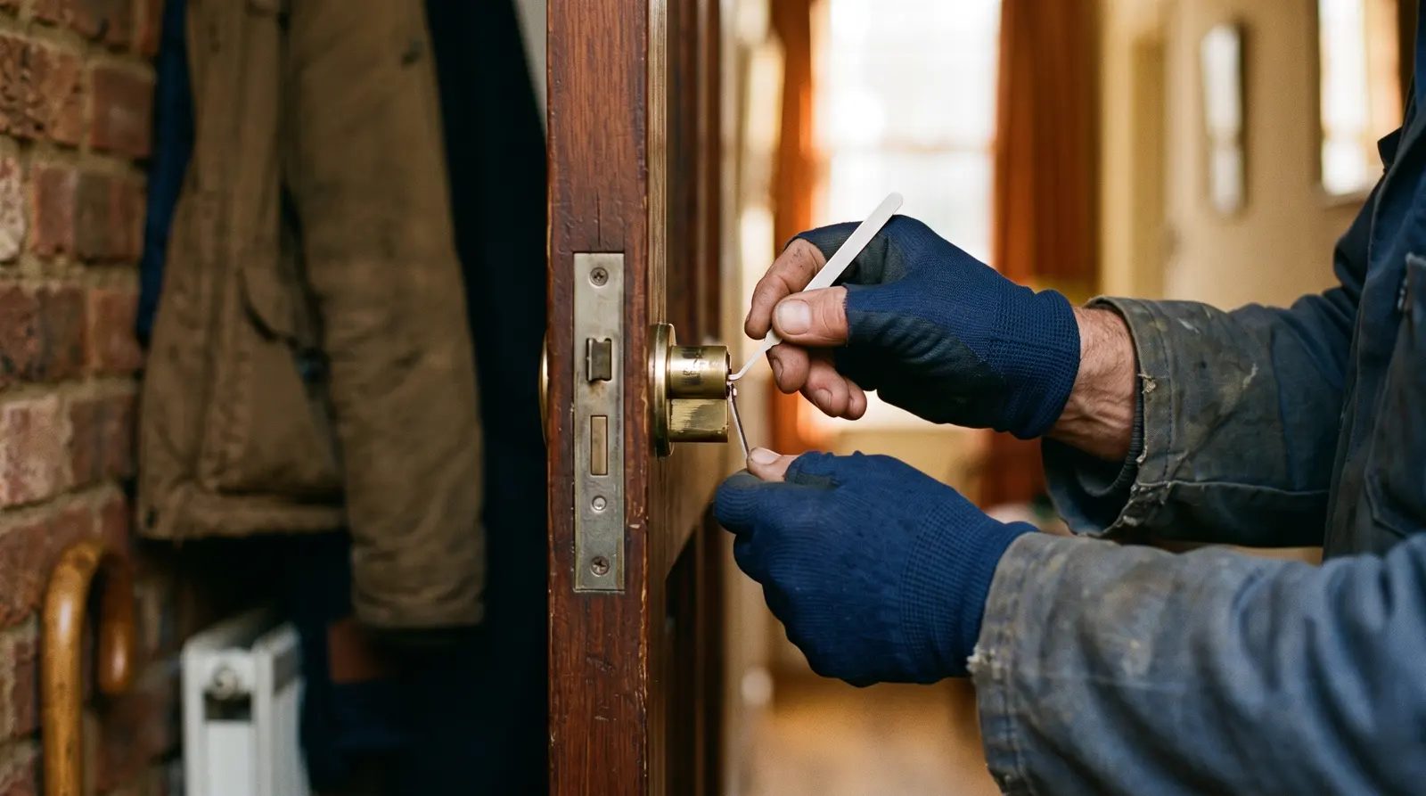 A locksmith changing a door lock, fitting a fresh barrel into the mechanism