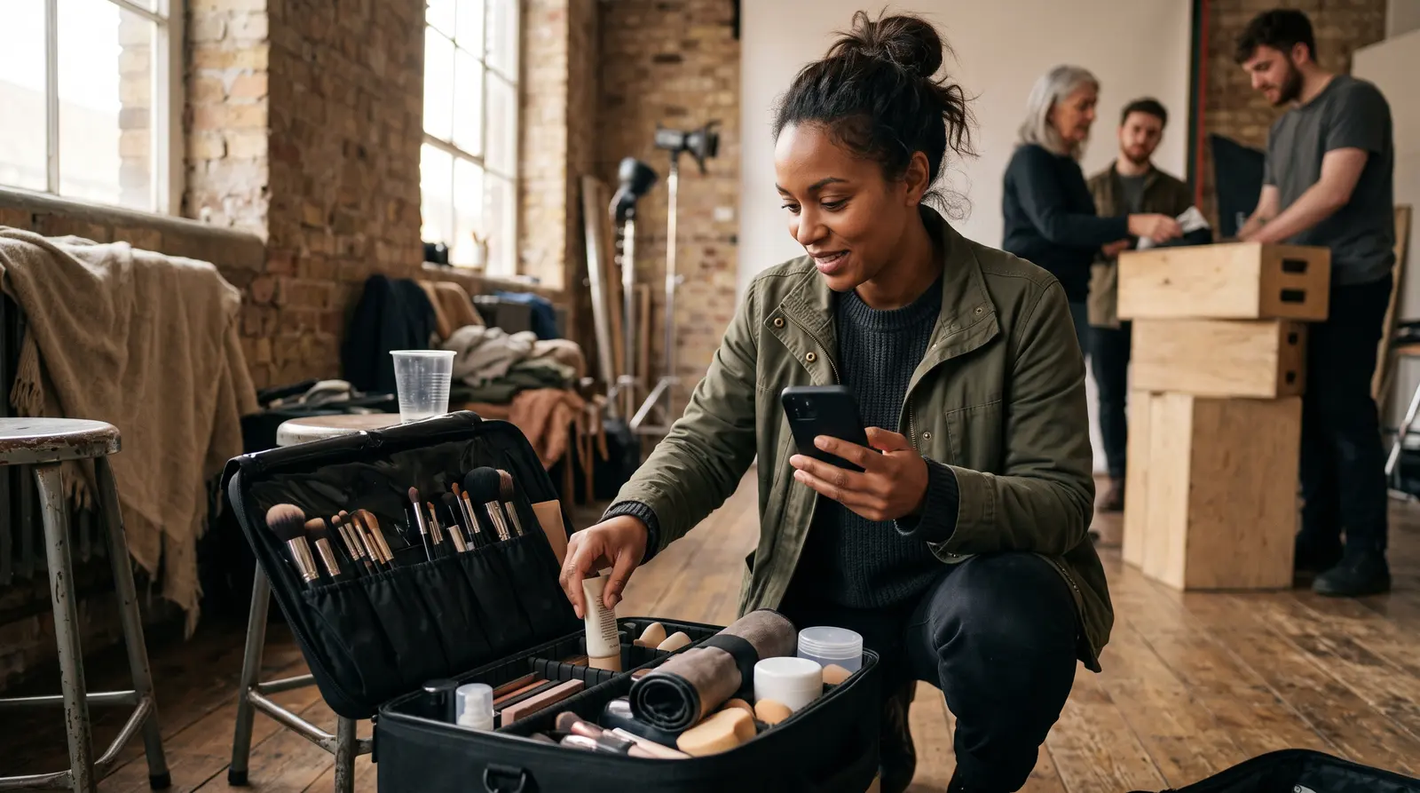 A makeup artist packing her kit bag at the end of a job and checking her phone