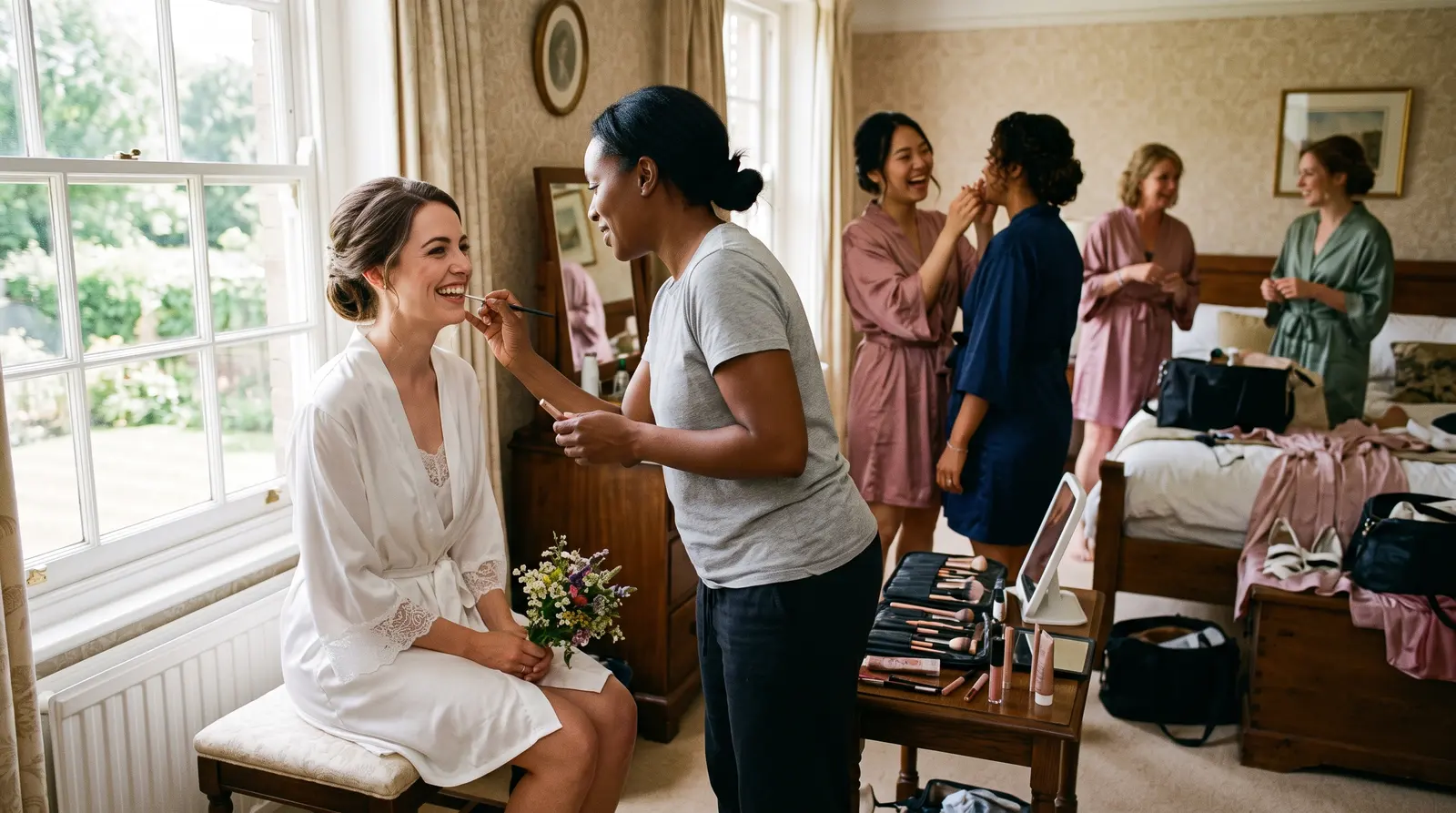 A makeup artist adding the finishing touches to a smiling bride on a wedding morning