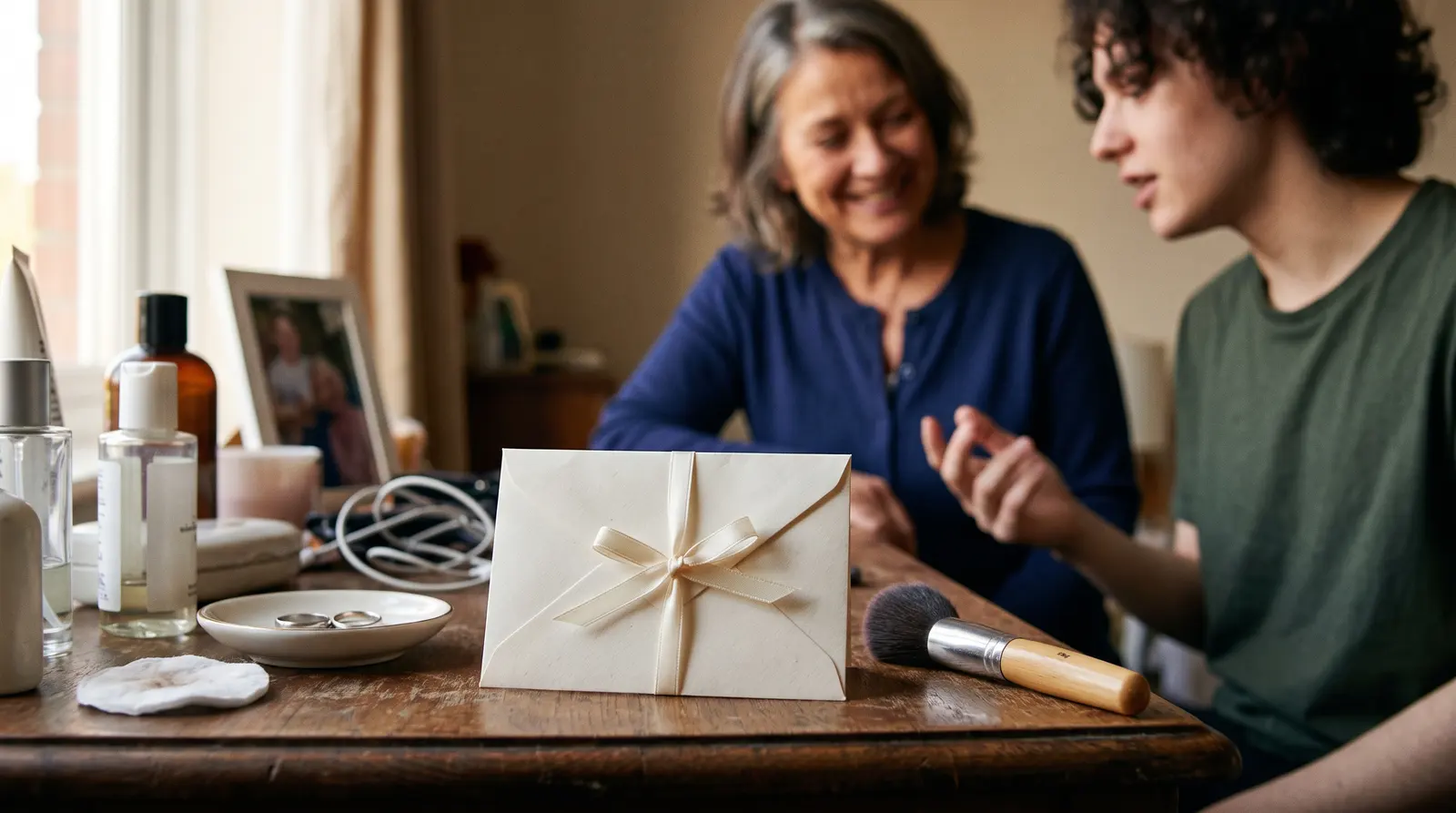 A cream gift envelope tied with a ribbon beside a plain makeup brush on a dressing table
