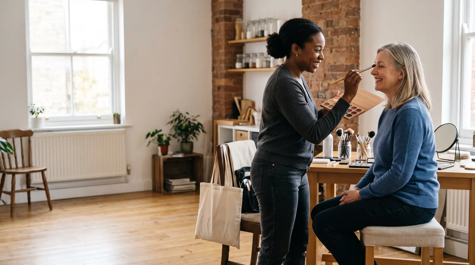 A makeup artist applying makeup to a seated client in a bright room, a plain palette and brush in hand