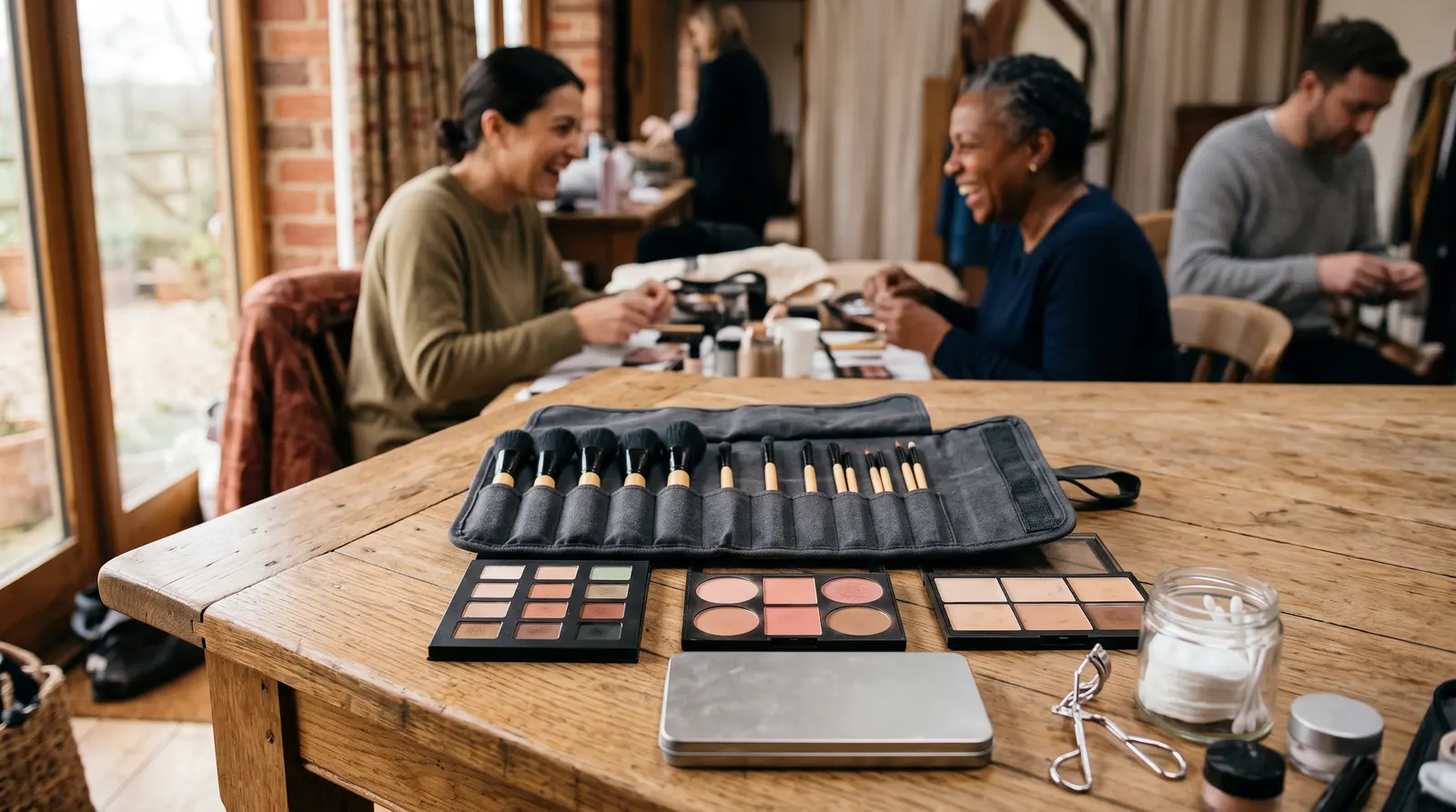 A tidy makeup kit laid out on a table, plain brushes in a roll and unbranded palettes