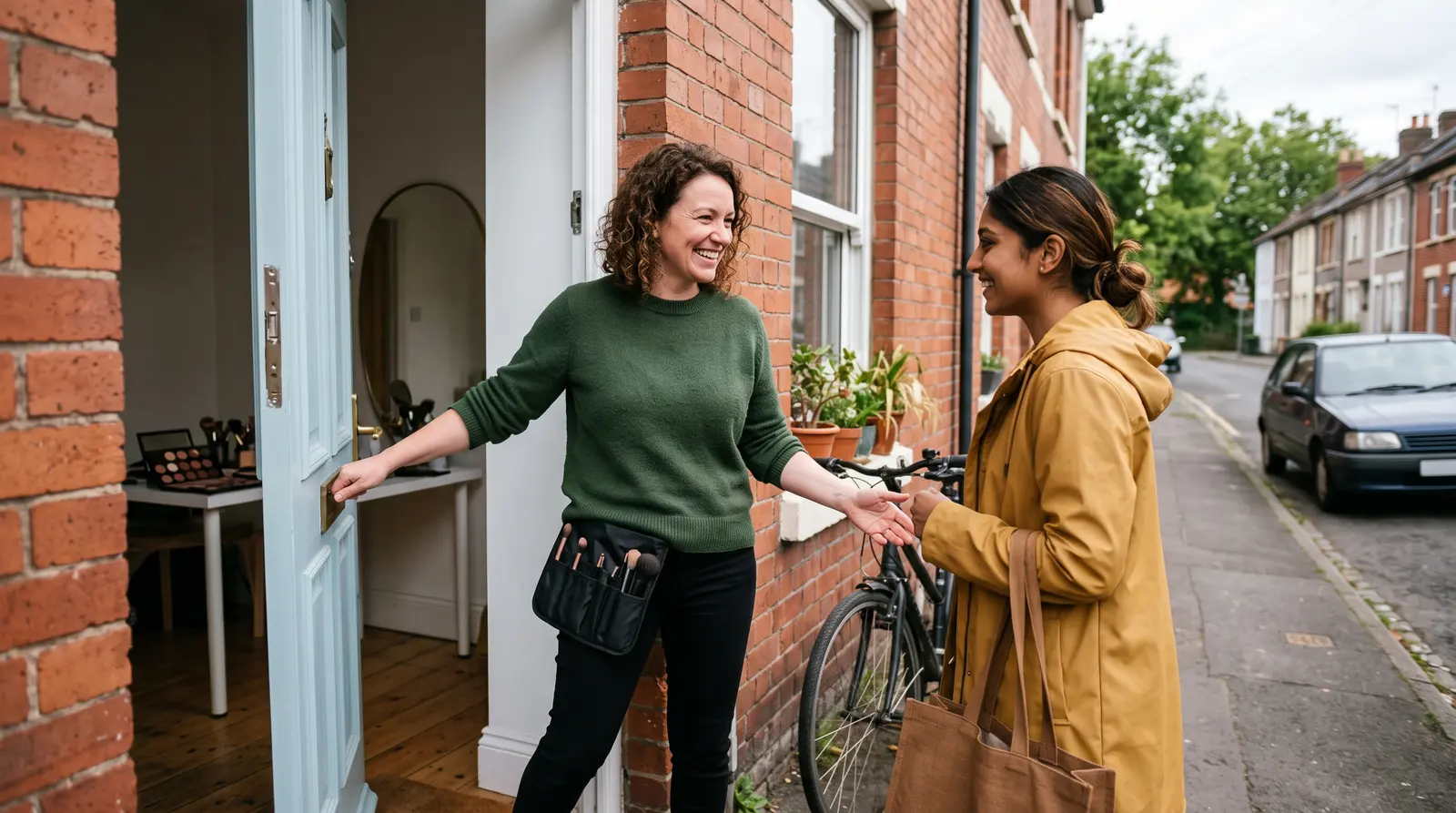 A makeup artist greeting a client at the door of her home studio