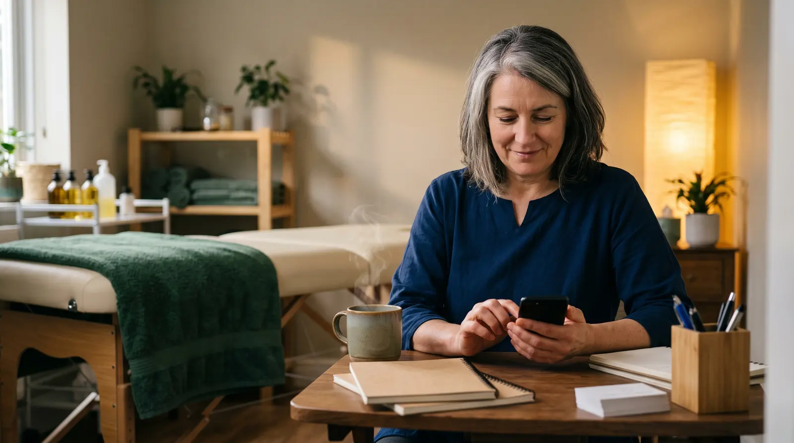 A massage therapist at a small desk at the end of the day with a cup of tea, checking her phone