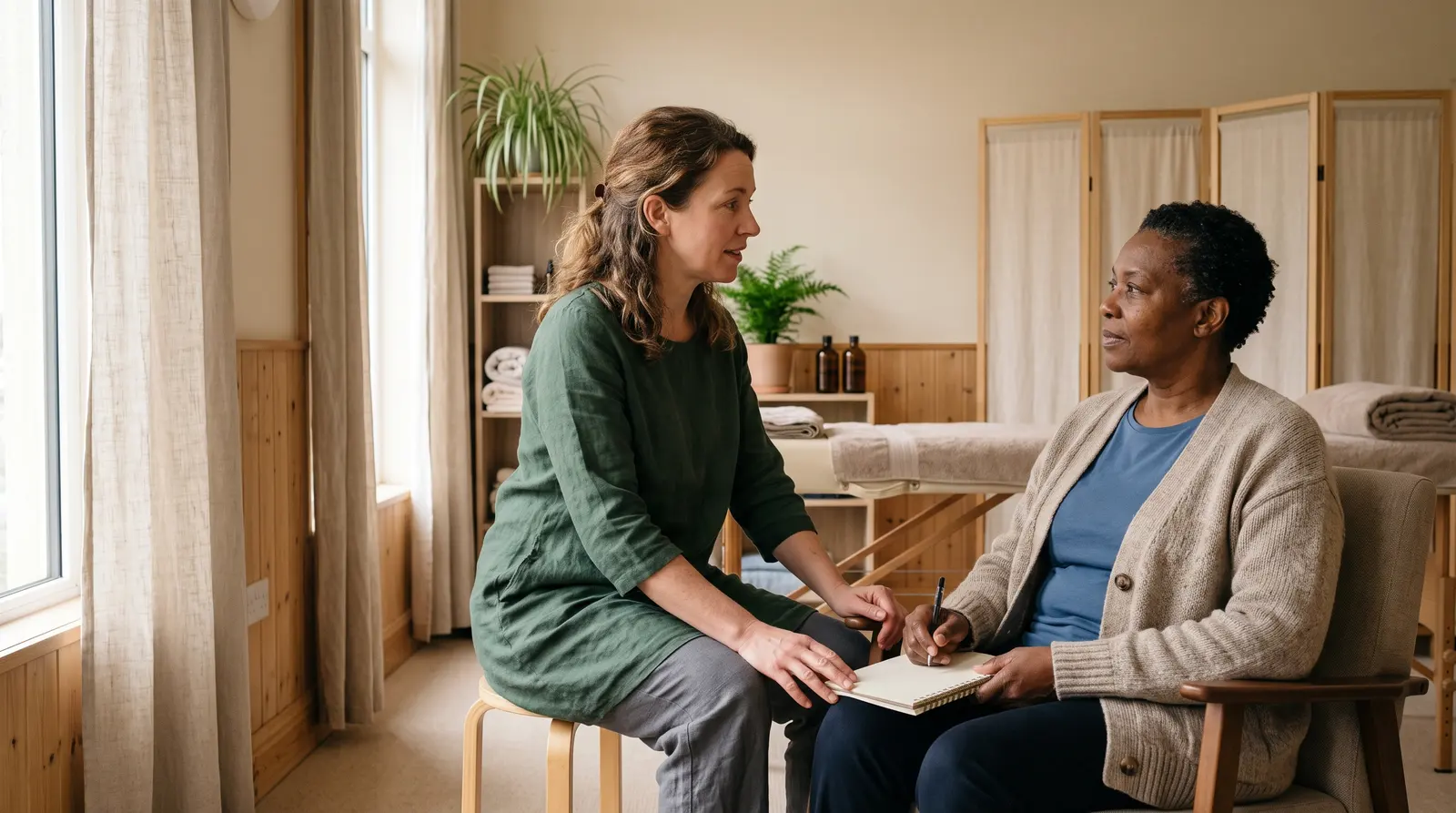 A massage therapist talking gently with a new client in a calm room before a treatment