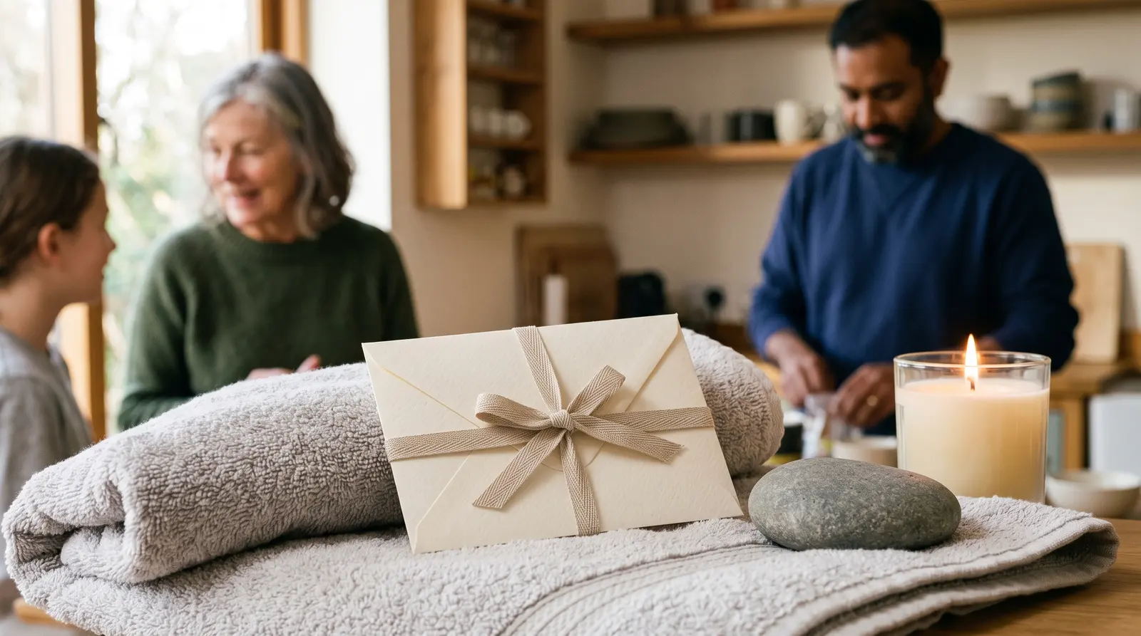 A small cream gift envelope tied with a ribbon resting on a folded towel beside a candle