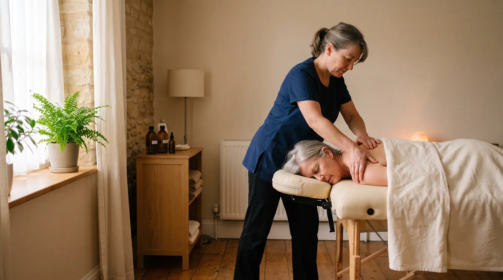 A massage therapist working on a client’s shoulders on a treatment couch in a calm, warm room