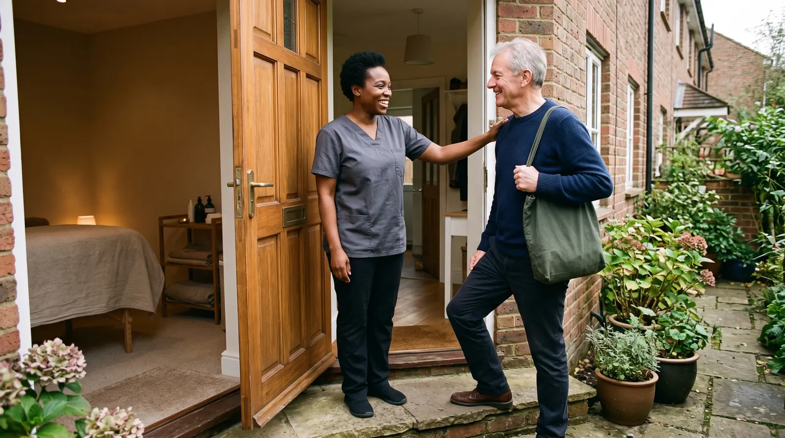 A massage therapist welcoming a regular client at the door of her home treatment room