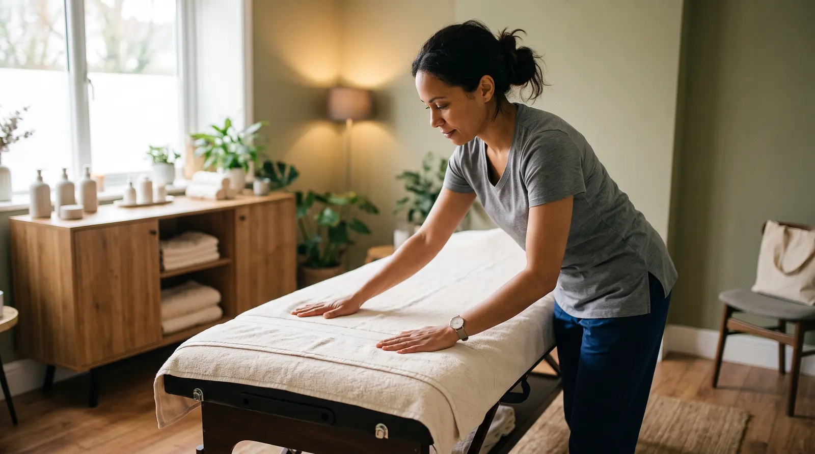 A massage therapist smoothing a fresh towel over a treatment couch, setting the room for the next client