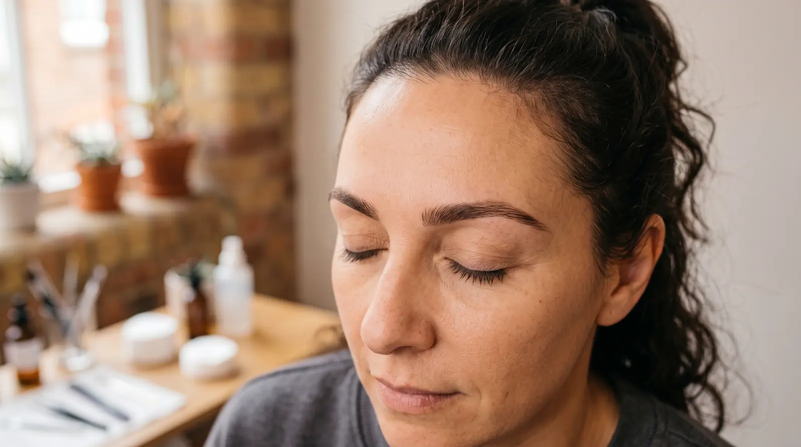 Close-up of a microblading artist mapping and drawing a client’s brow shape before work begins