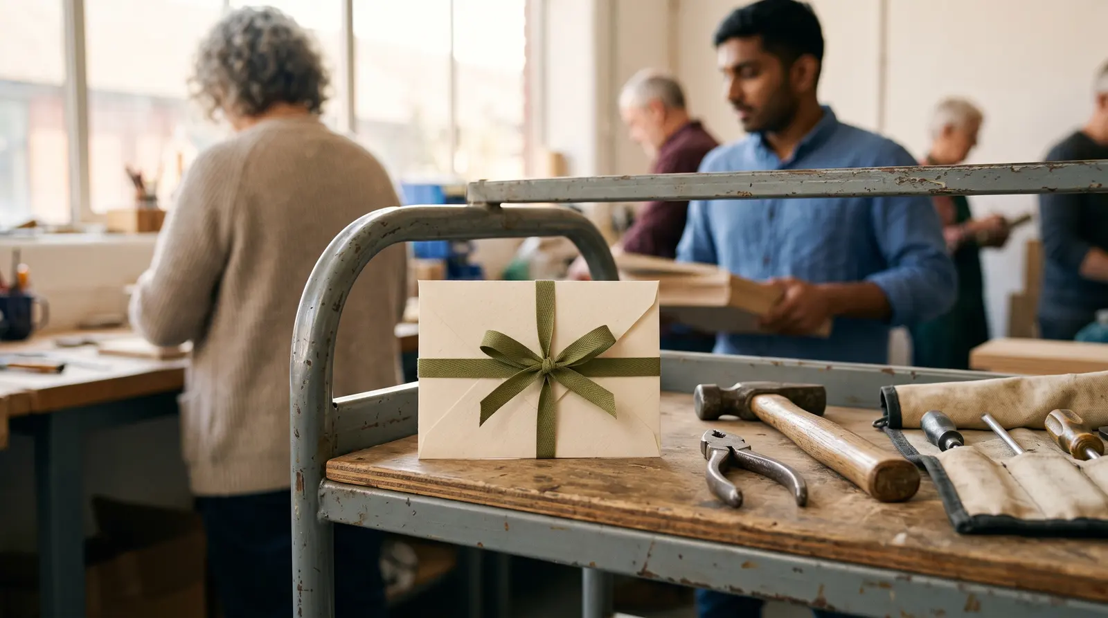 A cream gift envelope tied with a ribbon on a brow-studio station beside plain tools