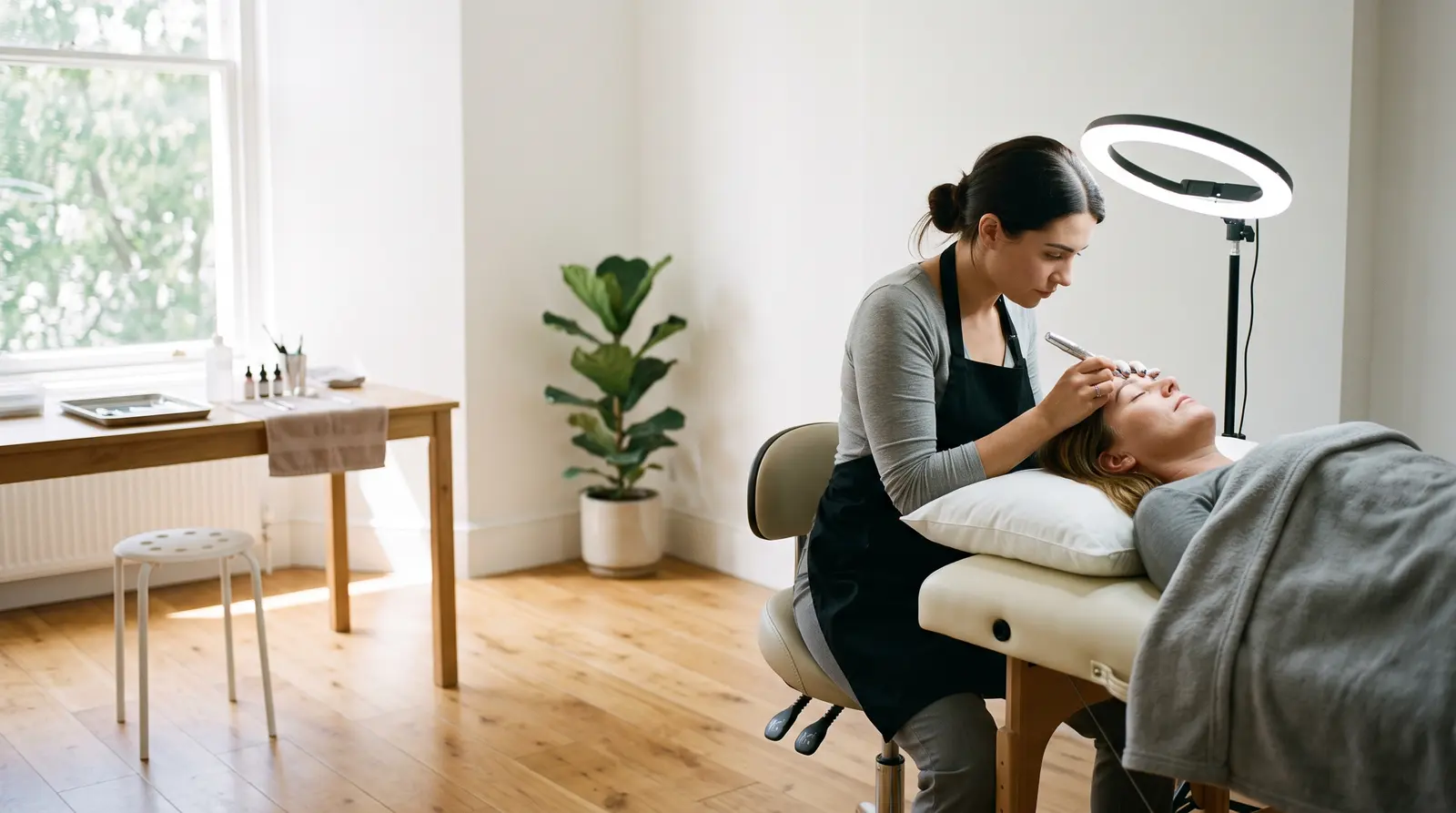 A microblading artist shaping a client’s brows in a calm, bright studio, both concentrating