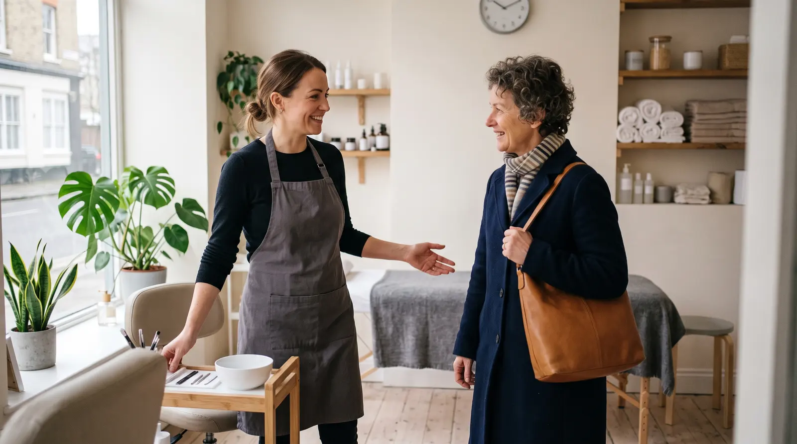 A microblading artist welcoming a returning client back for a top-up in her small studio