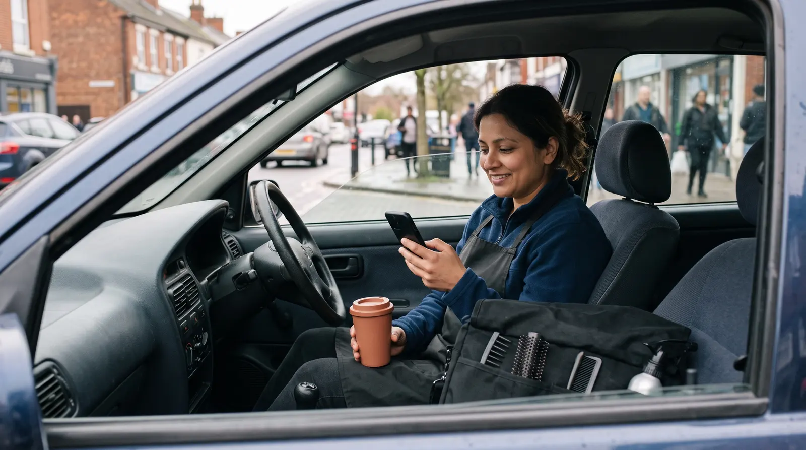 A mobile hairdresser checking her notes on her phone