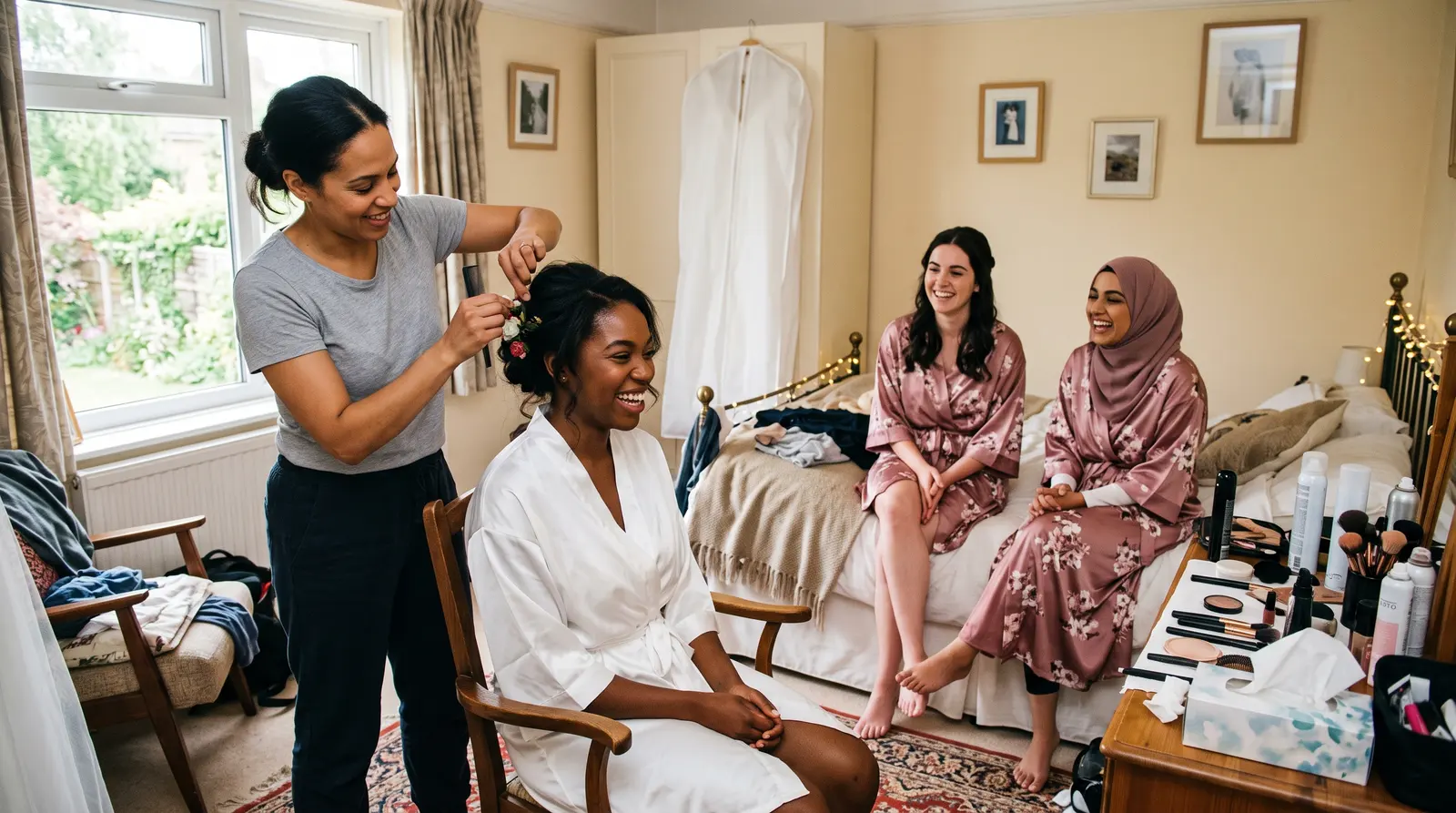 A mobile hairdresser styling a bride’s hair on the wedding morning