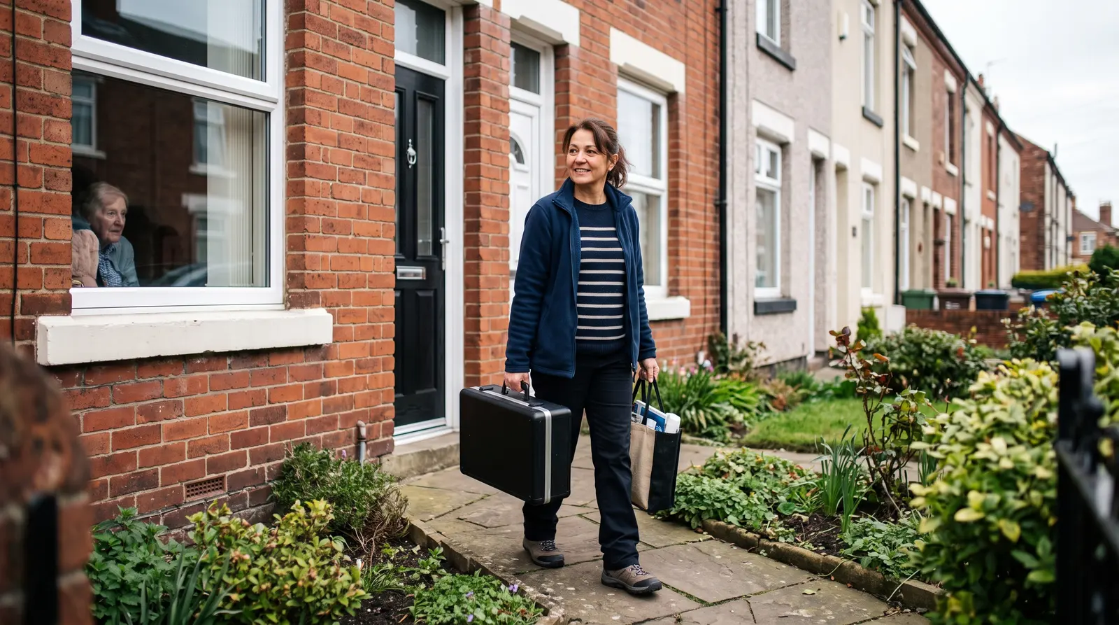 A mobile hairdresser arriving at a client home with her kit