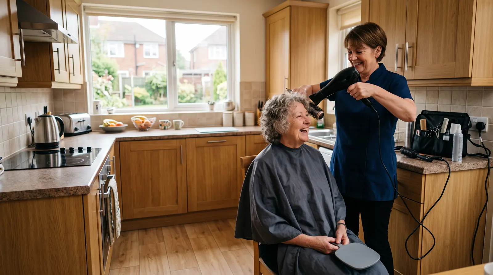 A mobile hairdresser blow-drying a woman’s hair in her home kitchen, the client wearing a cape