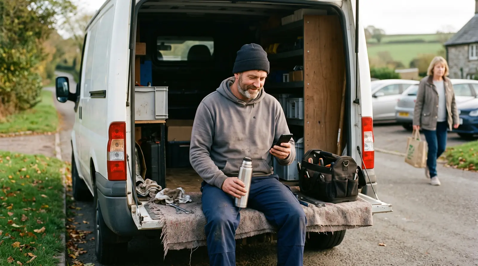 A mobile mechanic checking his phone on a break beside a car