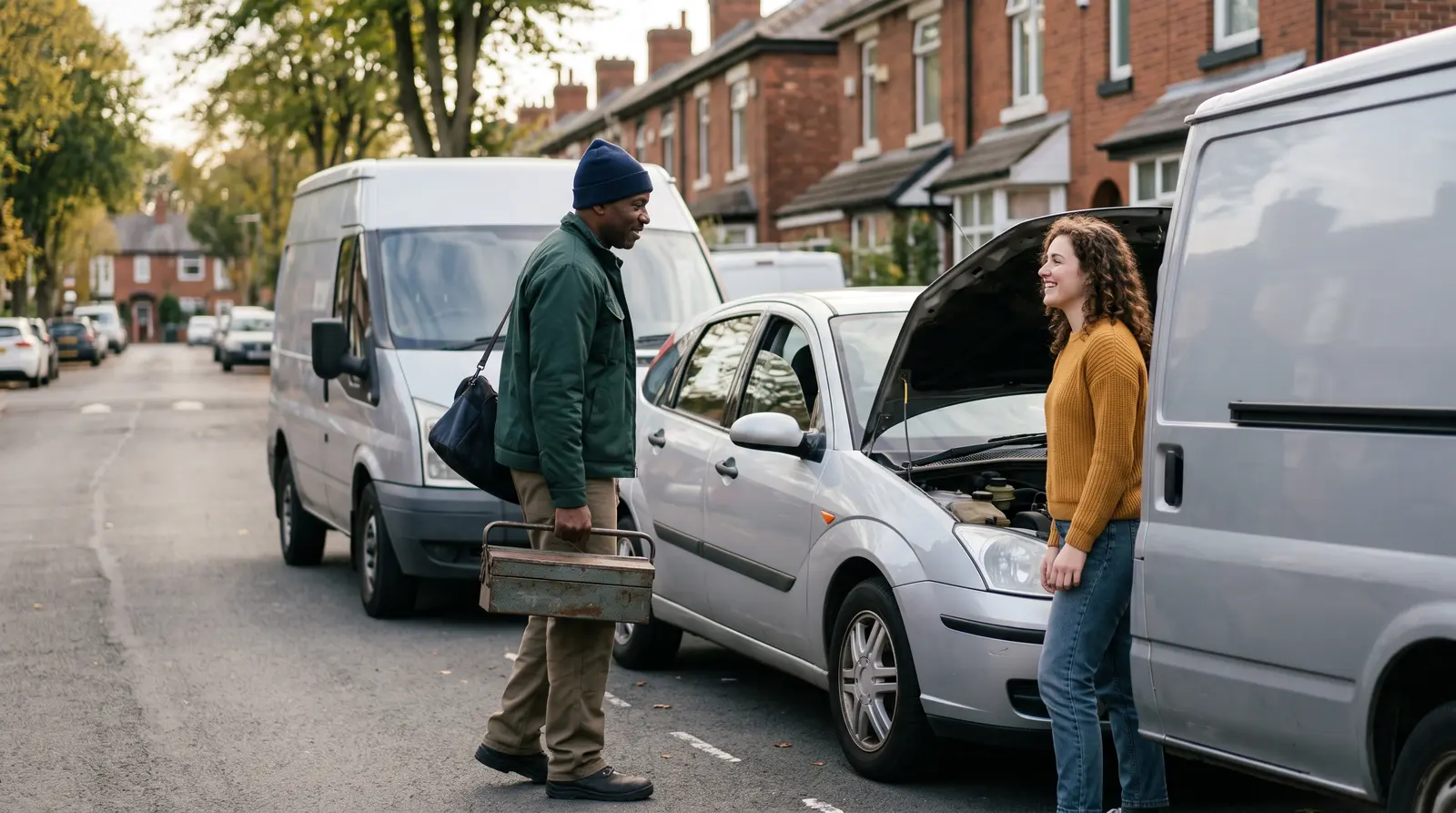 A mobile mechanic arriving at a car with a toolbox