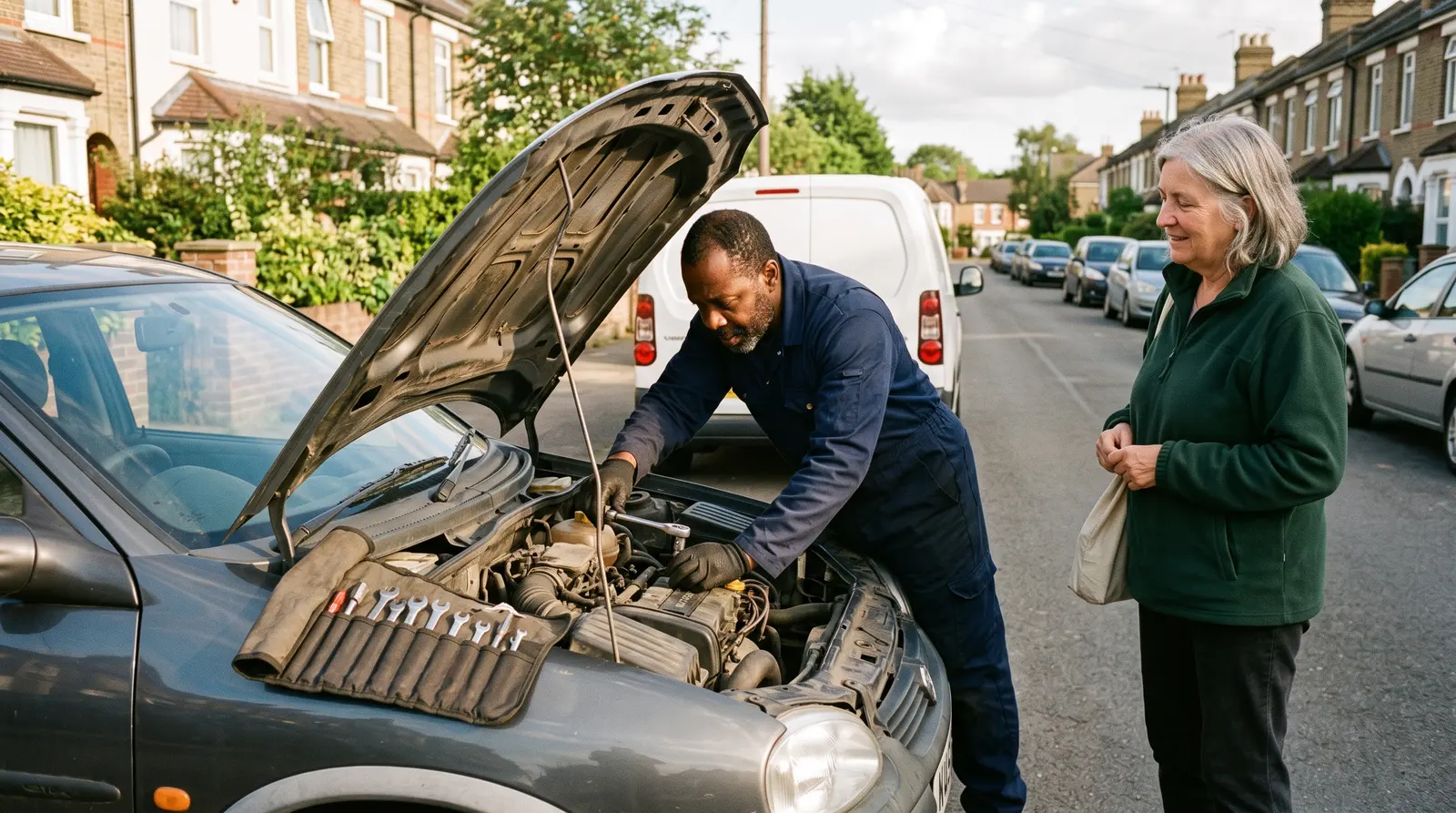 A mobile mechanic running a diagnostic on a car engine