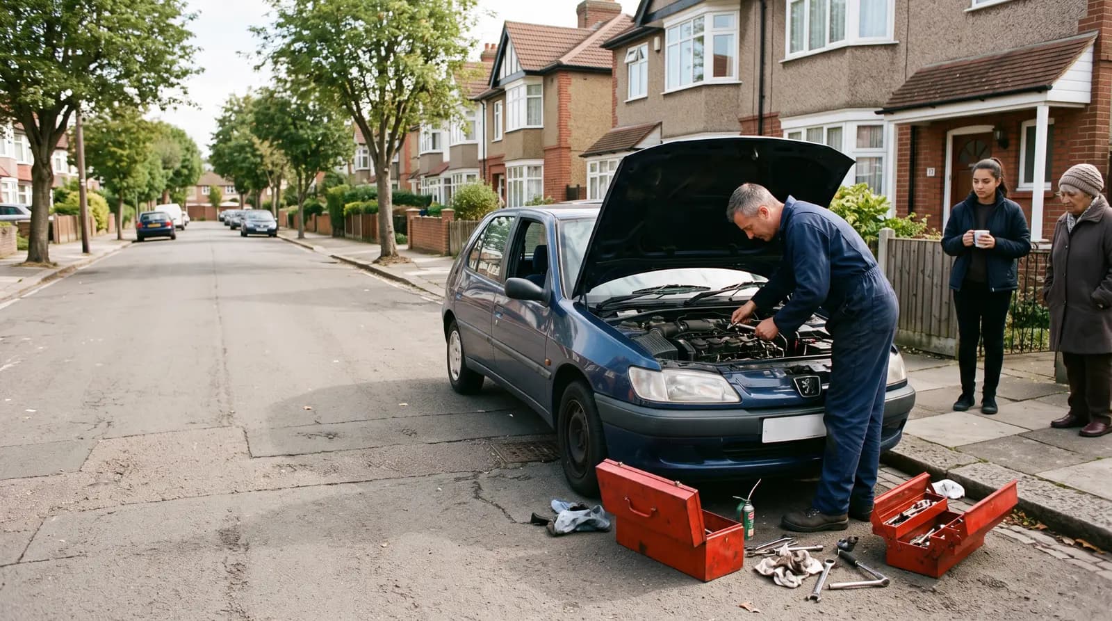 A mobile mechanic working on a car at the kerb outside a UK house