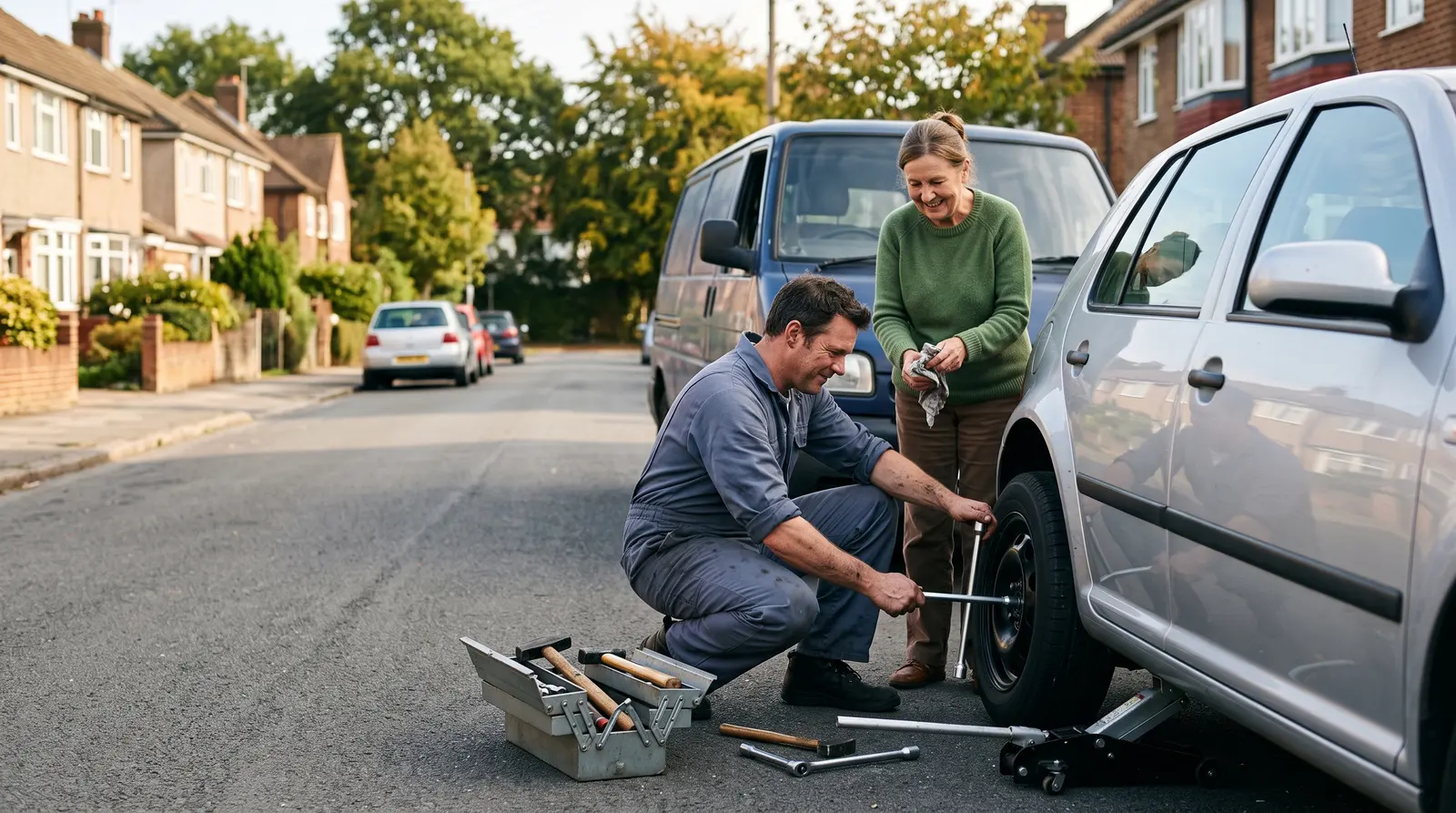 A mobile mechanic working under the bonnet of a car at the kerb