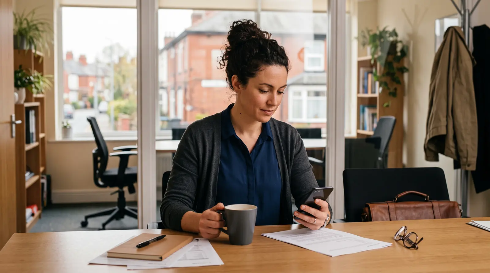 A mortgage adviser checking her phone between appointments with a coffee