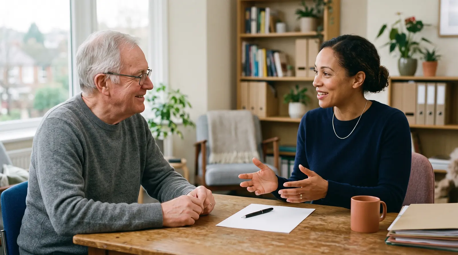 A mortgage adviser talking a client through their options across a desk in a bright office