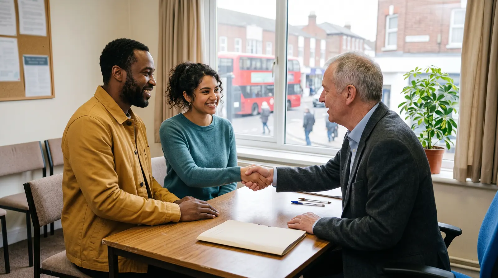A mortgage adviser sitting with a couple at a table, talking warmly through their options
