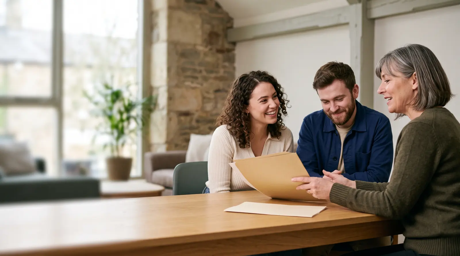 A mortgage adviser at a tidy desk with a laptop, going through figures, calm and reassuring