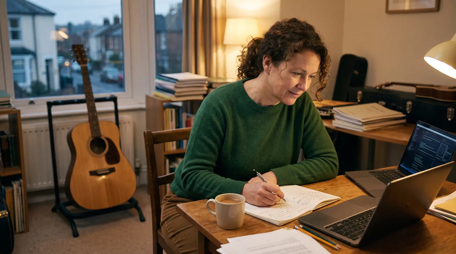 A music teacher at a desk in the evening planning the week with a cup of tea, screen angled away