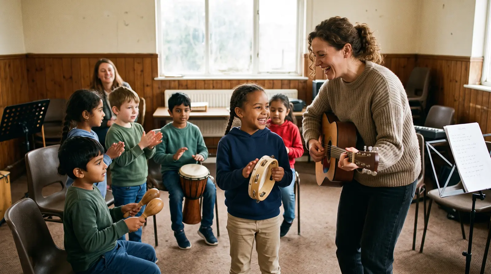 A music teacher leading a small group of young students with their instruments in a hall