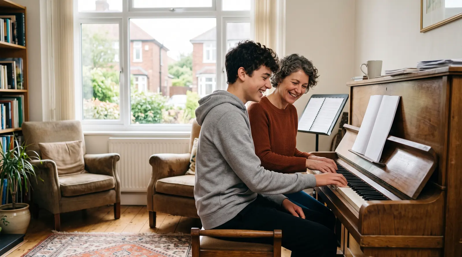 A music teacher giving a lesson to a young student in a bright front room, both smiling as it clicks