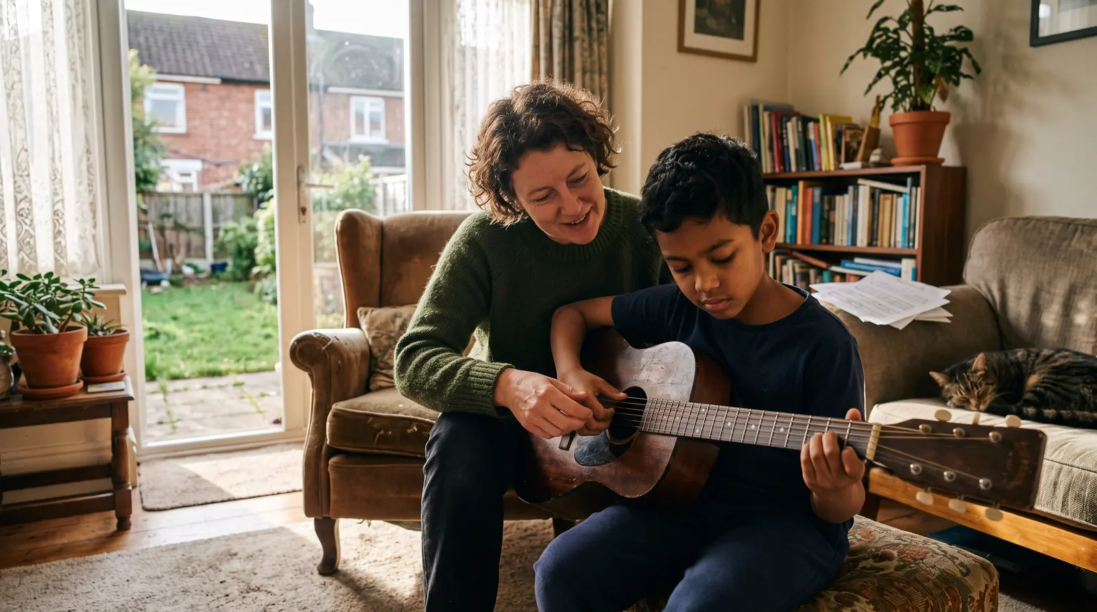 A music teacher guiding a teenager through a piece in a sunlit room