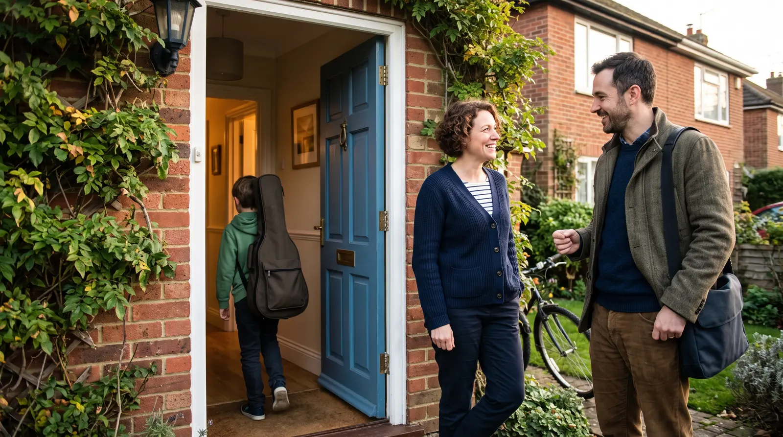 A music teacher chatting warmly with a parent at the door after a lesson