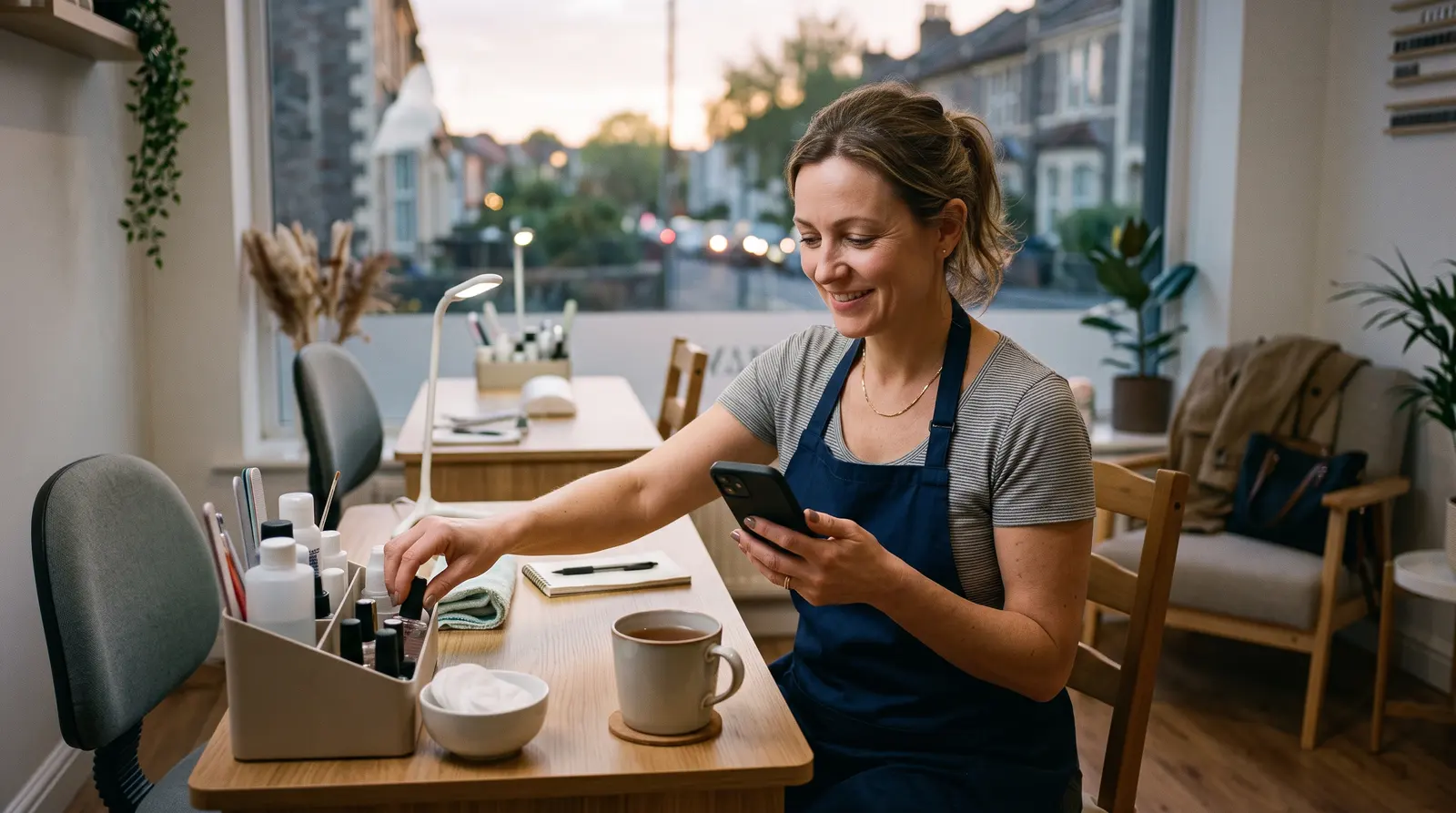 A nail technician checking her phone with a cup of tea at the end of the day