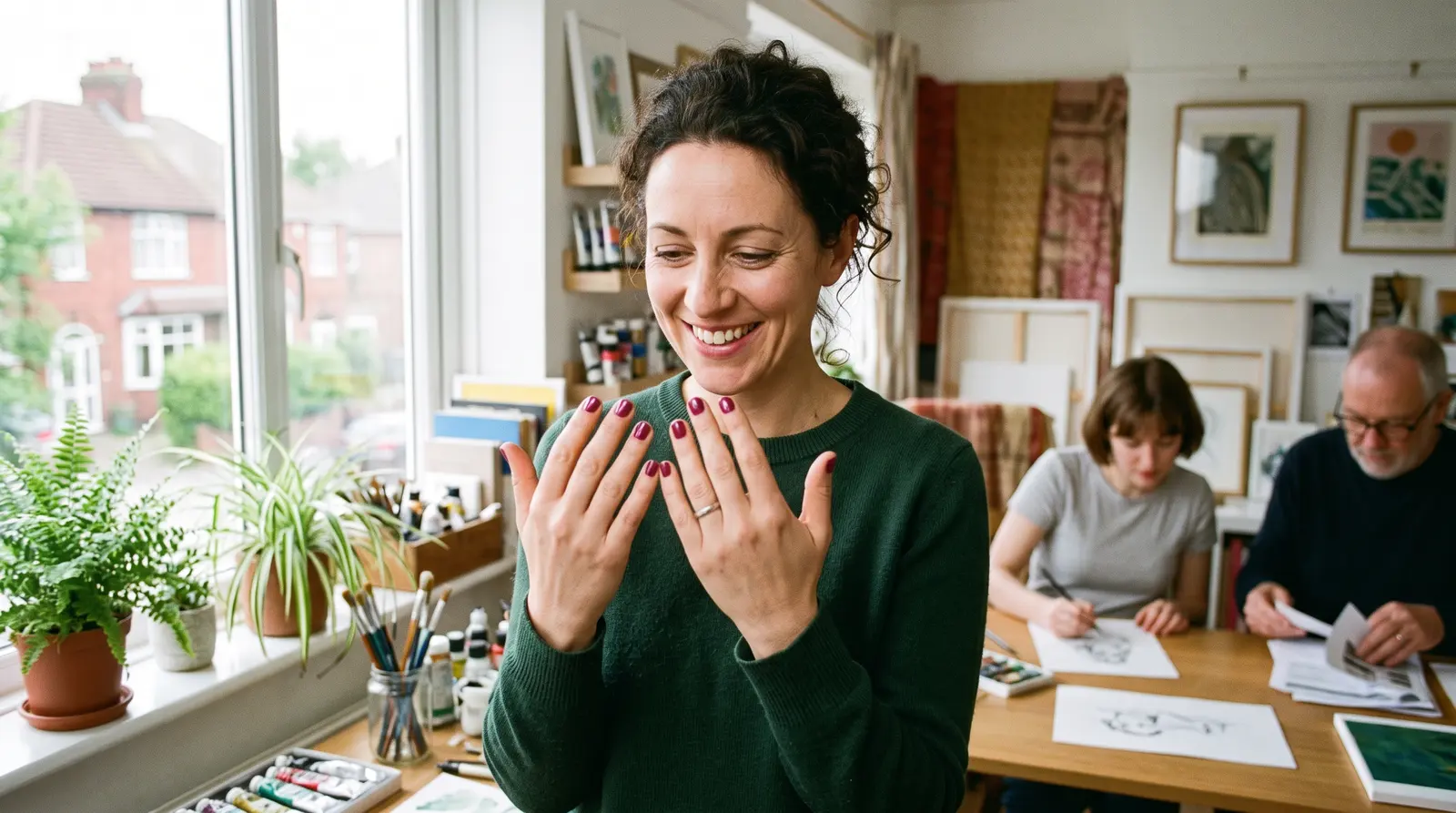 A woman smiling as she admires her freshly painted nails in a bright studio