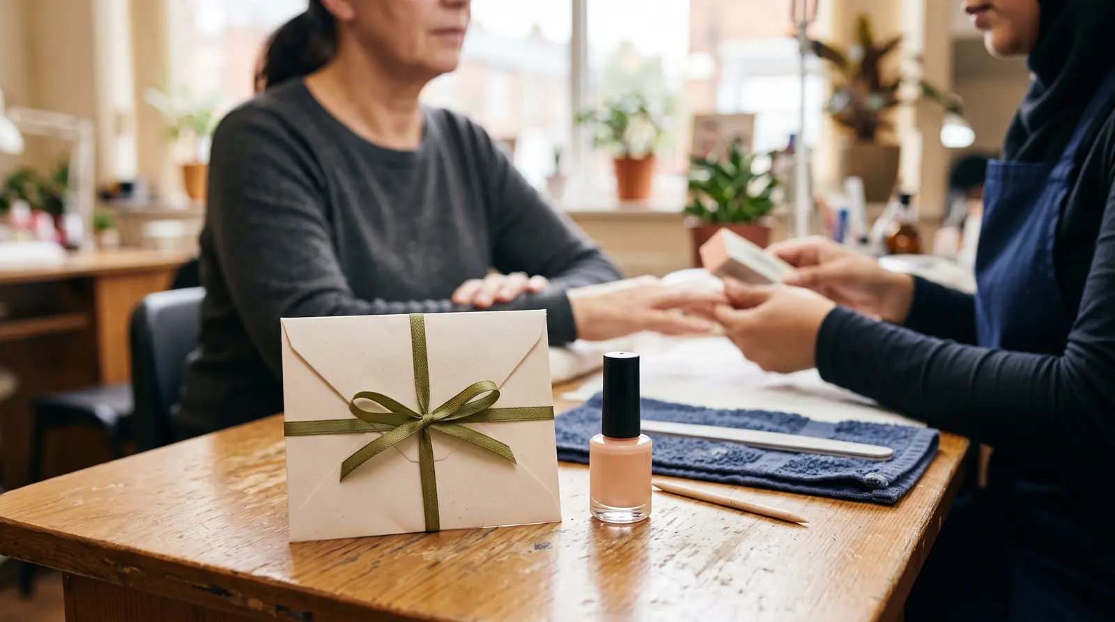 A cream gift envelope tied with a ribbon lying on a nail desk beside a bottle of polish