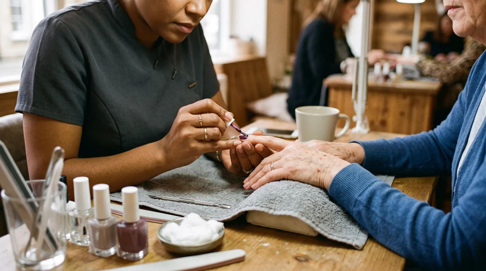 Close-up of a nail technician carefully applying polish to a client’s hand