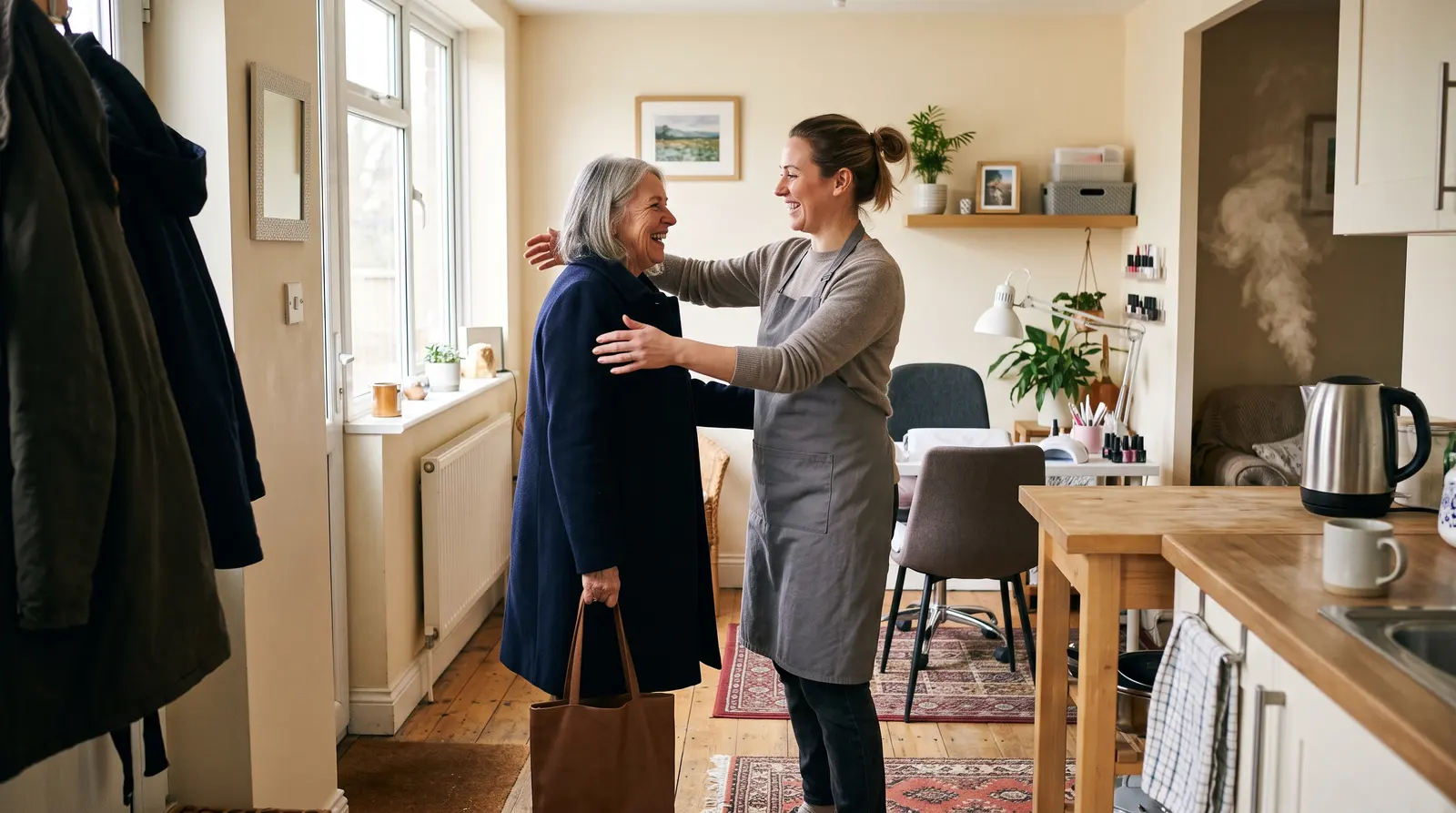 A nail technician welcoming a returning client into her small home studio