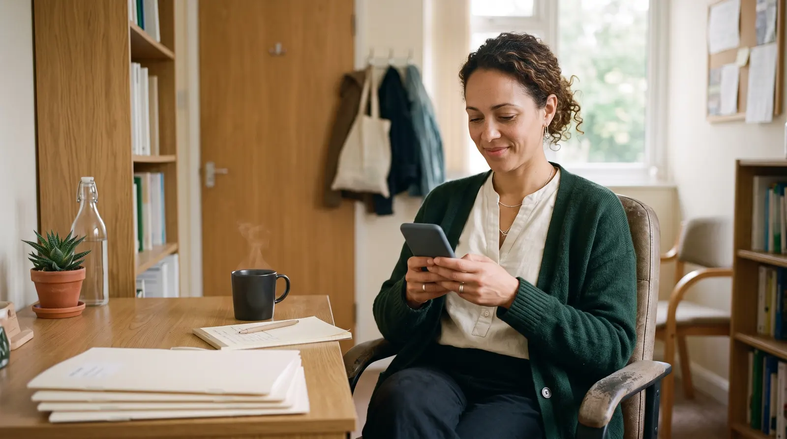 A nutritionist at a tidy desk between clients, checking her phone with a cup of tea