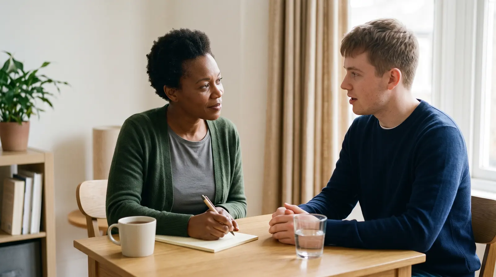 A nutritionist going through a plan with a client at a table, a plain notepad between them