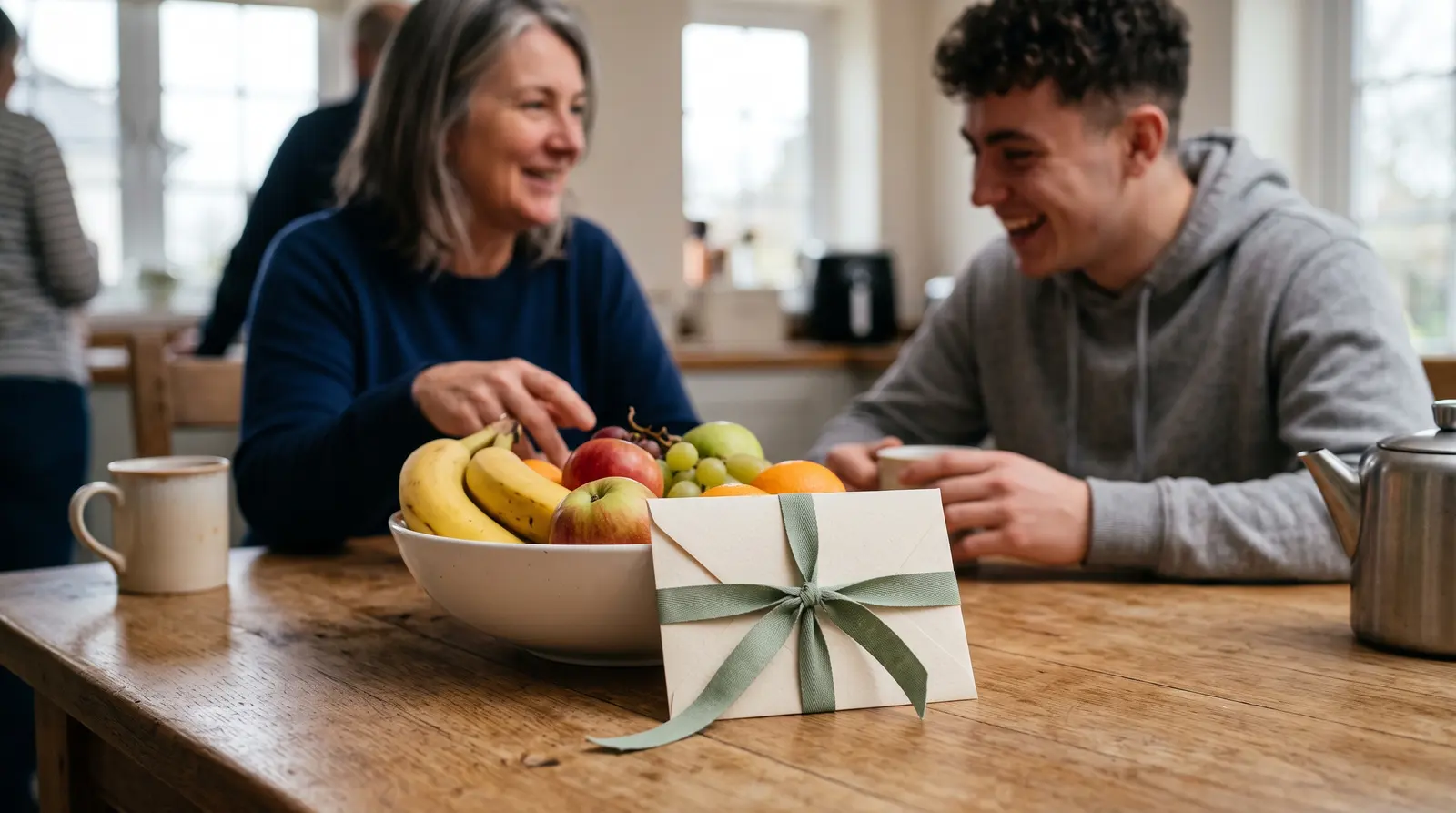 A small cream gift envelope tied with a ribbon on a table beside a bowl of fruit